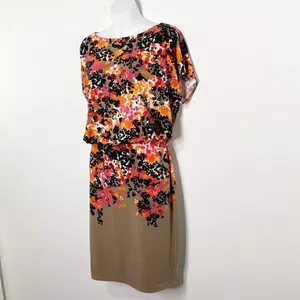 Evan-Picone Dress Size 4 Floral Taupe/Black/Pink Cold Shoulder thumbnail 2
