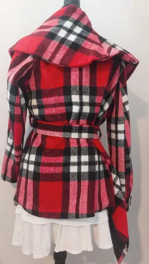 Plaid Flannel Drape Belted Jacket (Red) – M thumbnail 3