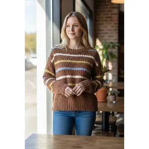 Adora Sweater M Brown with multicolor stripes Preppy‎ Autumn Cozy Earthy Classic thumbnail 10