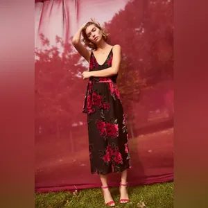 Anthropologie Ettwa Burnout Velvet Jumpsuit Black Red Floral Wide Leg‎ small thumbnail 2