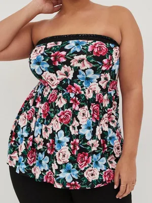 Torrid Super Soft Floral Strapless Babydoll Top Size 14/16 Black Pink thumbnail 1