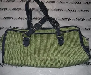 The Sak Green Woven Satchel Purse W/ Navy Blue Trim Vintage Boho Style Handbag thumbnail 1