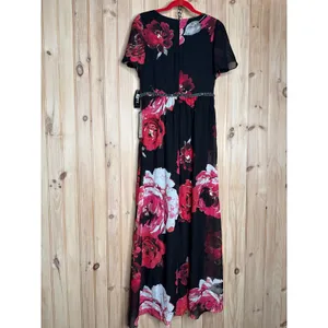 NWT SLNY Cowl Neck Floral Maxi Dress Black Red Floral Flutter Sleeve Size 6 thumbnail 10
