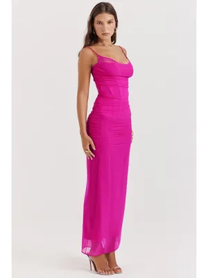 House of CB Nalini Fuchsia Mesh Maxi Dress Ruched Corset M thumbnail 9