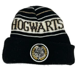 Harry Potter Hogwarts Crest Knit Beanie Hat One Size Black Gold‎ White thumbnail 1