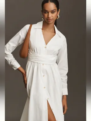 NWT Hutch White Button-Front Wrap Long-Sleeve VNeck Midi Shirt Dress 100% Cotton thumbnail 2