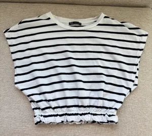 Zara Striped Elastic Hem Crop Top Small Cap Sleeve Nautical Coastal‎ Chic Preppy thumbnail 1