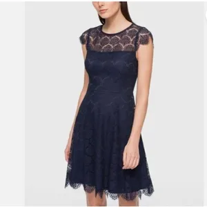 Kensie Women's Size 8 Fit & Flare Dress Navy Blue Scalloped Lace Open Back Cap thumbnail 14
