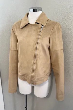 Halston Moto Jacket Faux Suede‎ Tan Zip Up Biker Coat Size 4 thumbnail 1