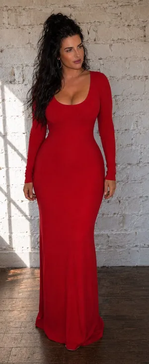 ModCloth Red Ribbed Boat Neck Maxi Dress Long Sleeve Size L thumbnail 1