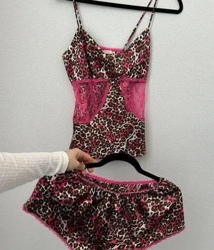 Flora Nikrooz Pink brown lace leopard print nighty lingerie Set thumbnail 1