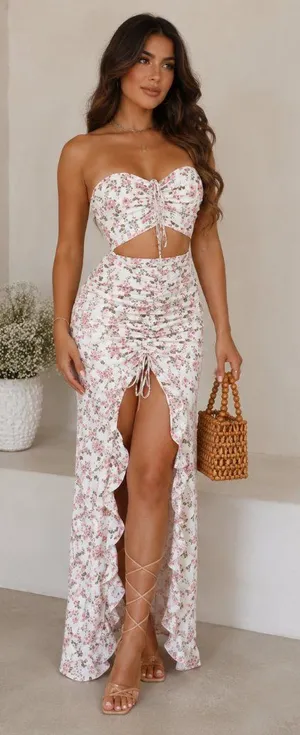Floral Two-Piece Crop Top and Ruched Maxi Skirt Set NWT thumbnail 1