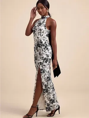 Lulus Steliana White And Black Velvet Burnout Cutout Maxi Dress - Size XS thumbnail 4
