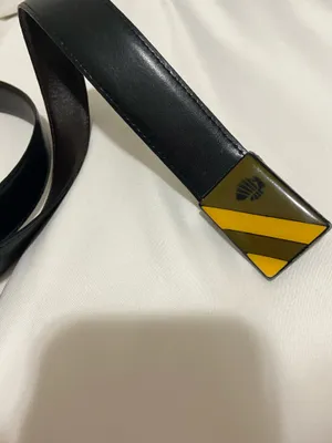Black genuine leather belt with yellow and olive diagonal stripes and black logo, size 42 #leather #stripes thumbnail 3