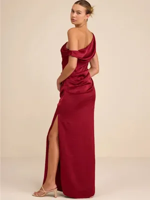 Lulu's One-Shoulder Burgundy Satin Evening Dress thumbnail 3