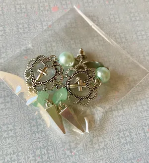 Handmade goth punk grunge fairy style heart cross & aventurine & glass pearls dangle earrings🌙🌹✝️ thumbnail 4