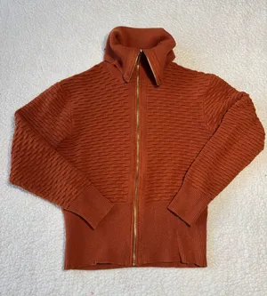 Marc New York orange zip up sweater with textured ribbed knit pattern and chunky collar size S thumbnail 1