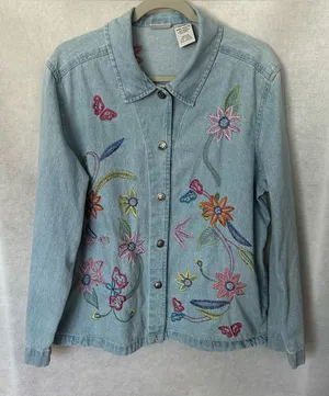 White Stag Light Wash Embroidered Floral Button Up Denim Jacket thumbnail 1