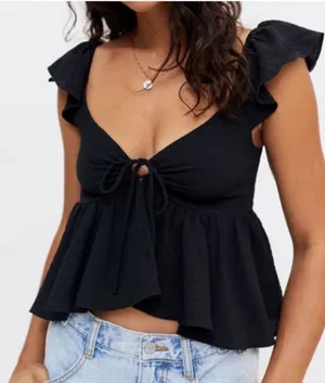 Urban Outfitters Y2K Sierra Black Keyhole Babydoll Ruffle Peplum Crop Blouse L thumbnail 1