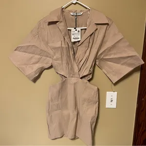 Zara Beige Pleated Short Sleeve Dress thumbnail 2