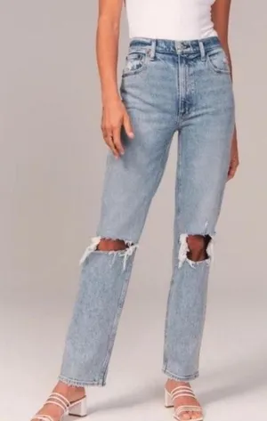 Abercrombie Curve Love 90s Straight High Rise Jeans Size 26 (2) Blue Distressed thumbnail 1
