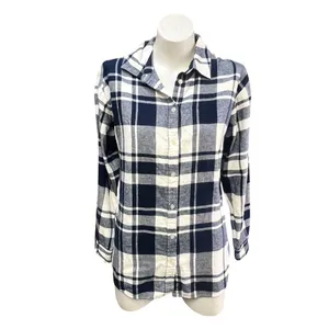 LOFT Women's Plaid Flannel Tunic Shirt Navy Blue & White Size M thumbnail 3