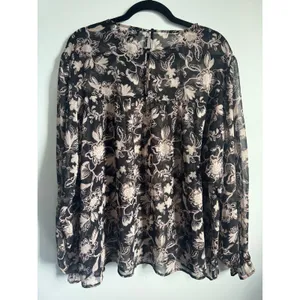 Sanctuary XL Floral Sheer‎ Blouse Black Pink Long Sleeve Boho Top Spring Flowy thumbnail 2