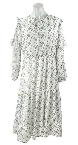 Sharon Max White Floral Long Sleeve Ruffle Tie Neck Tiered A Line Midi Dress M thumbnail 1