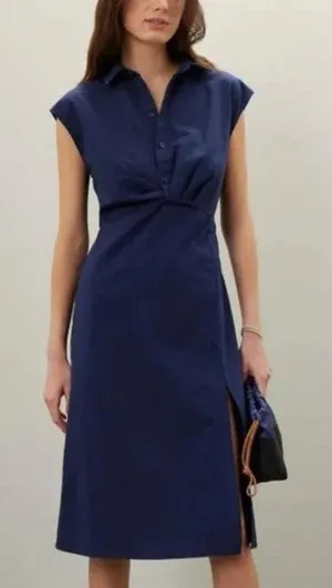 Area Stars Blue Midi Shirt Dress SMALL Career Work Linen Cotton Designer $150 thumbnail 1