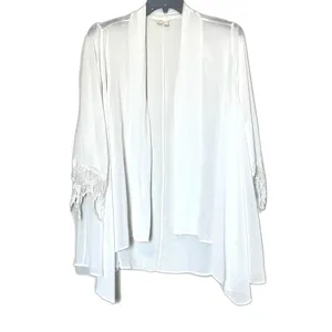 Anthropologie Ivory Sheer Kimono Cardigan Size L Crochet Lace Sleeve Fringe Boho thumbnail 2