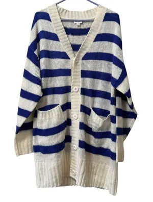 LuLaRoe Oversized Cardigan Sweater White Blue Stripes Size Medium Button‎ Preppy thumbnail 1