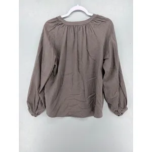 Uniqlo‎ Womens Blouse Brown Taupe Gathered V-Neck Long Sleeve Small thumbnail 3