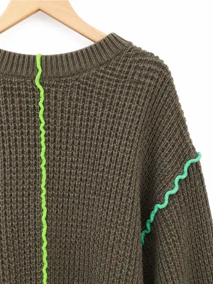 New IN Women’s Waffle Knit Sweater Medium Brown Neon Contrast Stitch thumbnail 11