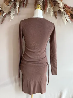 Long Sleeve Side Ruched Midi Dress with Side Slit in Taupe thumbnail 5