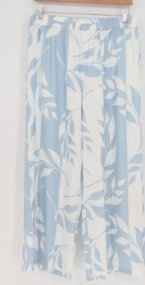 Unbranded Light Blue White Botanical Leaf Stripe Wide Leg Palazzo Pants Large thumbnail 1