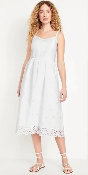 Old Navy White Eyelet Fit Flare‎ Midi Dress Small Sundress Cottagecore Cotton thumbnail 1
