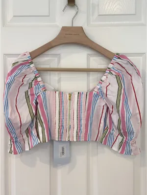 Hill House Home The Isabella Top Rainbow Stripe Puff Sleeve Bow Crop Top NWT S thumbnail 10