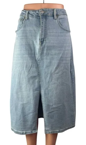 OAT Blue Light Wash High Waisted Split A Line Midi Denim Jean Skirt Size 10/30 thumbnail 1