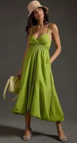 Anthropologie NWT V-Neck Tiered Bubble-Hem Dress Size XSP Lime 100% Cotton thumbnail 1