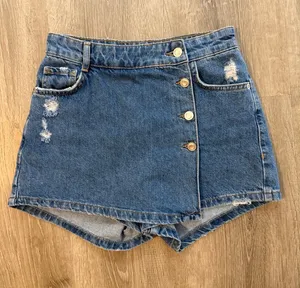Zara XS Womens Distressed Denim Wrap-Front Skort Mini Skirt Casual Blue Shorts thumbnail 1