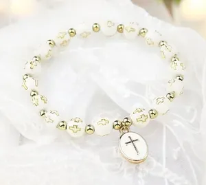 White Stylish Elastic Beaded Cross Charm Bracelet‎ Enamel Oval Cross Bead Accent thumbnail 1