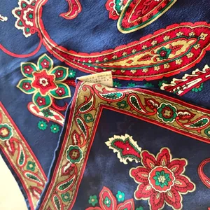 Vintage Gilded Crepe de Chine Blue Paisley Floral Silk Square Scarf Neckerchief thumbnail 4