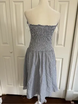 English Factory Smocked Strapless Striped Midi Dress Black/White Medium thumbnail 2