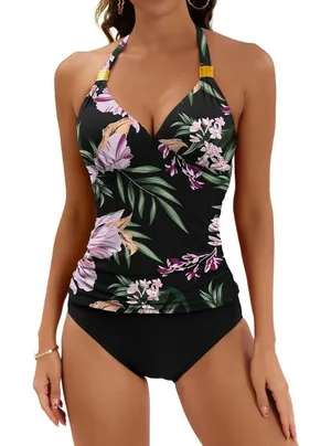 B2prity Halter Tankini Swimsuit Slimming Floral Two Piece Bathing Suit LARGE thumbnail 1