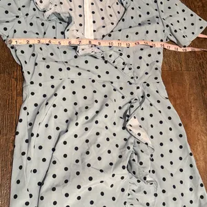Blue and Black Ruffle Trim Wrap Detail Polka Dot Dress Medium thumbnail 6