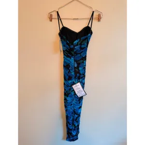 BCX Macys Dress Womens XS Blue Abstract Floral Ruched Mesh Midi Bodycon Slit thumbnail 9