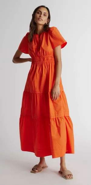 Quince 100% Organic Cotton Poplin Tiered Maxi Dress short sleeve Vermillion Red thumbnail 1