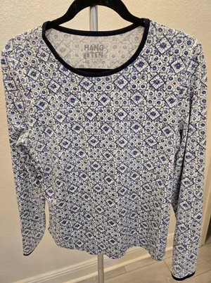 ​Hang Ten Large Blue White Mosaic Tile Long Sleeve Sun Shirt Back Zip Pocket L thumbnail 1