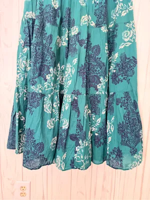 KRAZY KAT 100% Cotton Tiered Floral Maxi Skirt, Large, Teal Boho Cottagecore thumbnail 4