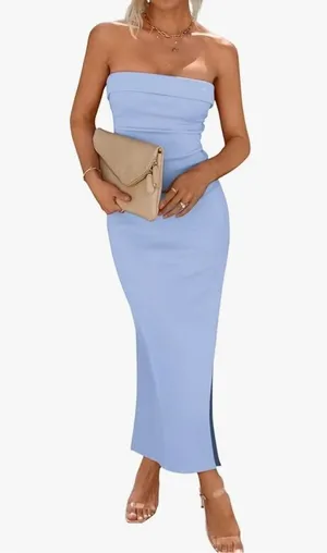PRETTYGARDEN NEW Lined Bodycon Side Slit Strapless Ribbed Maxi Dress M thumbnail 1